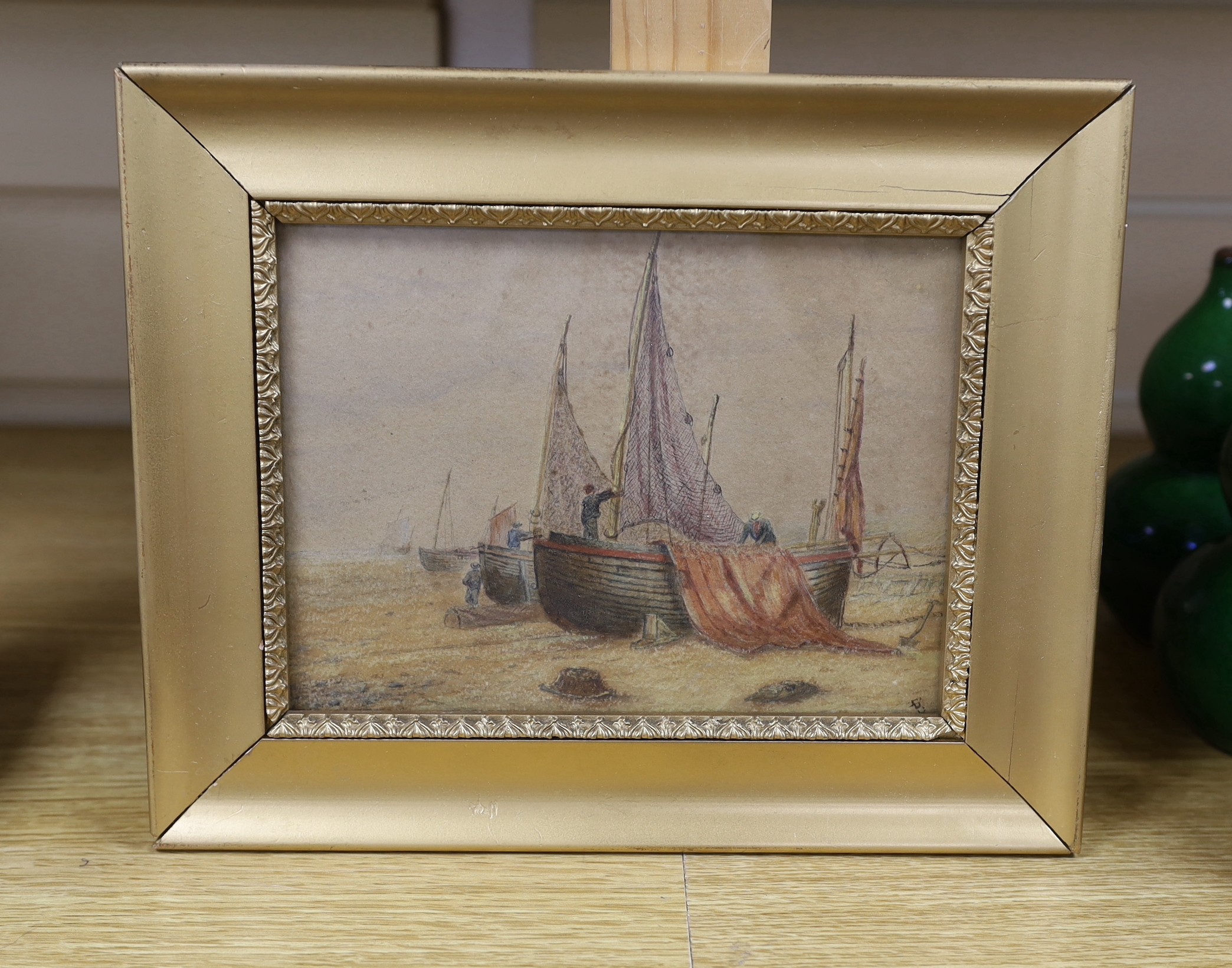 After Birkett Foster, watercolour, Fishing boats on the beach, bears monogram, 14 x 19cm